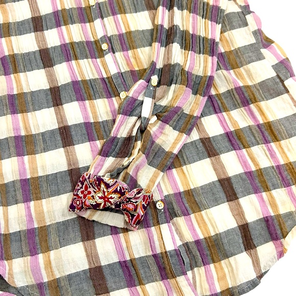 Anthropologie Isabella Sinclair Plaid Lace Insert Multicolor Button Down Shirt S - Picture 5 of 14